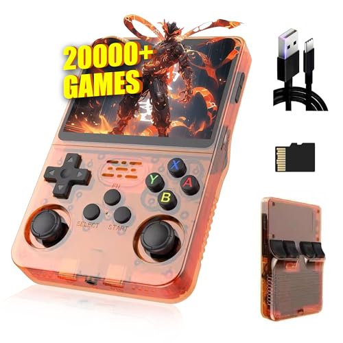 R36S Retro Handheld Spielkonsole 128G,Eingebaute 20000+ Spiele,21 Emulator,3500mAh,Linux System,3.5“ IPS Bildschirm Tragbarer Mini Konsole, Männer (Transparent Orange) von XIXIMENG