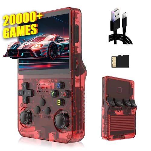 R36S Retro Handheld Spielkonsole 128G,Eingebaute 20000+ Spiele,21 Emulator,3500mAh,Linux System,3.5“ IPS Bildschirm Tragbarer Mini Konsole, Männer (Transparent Rot) von XIXIMENG