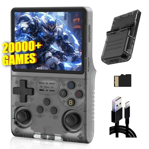 R36S Retro Handheld Spielkonsole 128G,Eingebaute 20000+ Spiele,21 Emulator,3500mAh,Linux System,3.5“ IPS Bildschirm Tragbarer Mini Konsole, Männer (Transparent Schwarz) von XIXIMENG