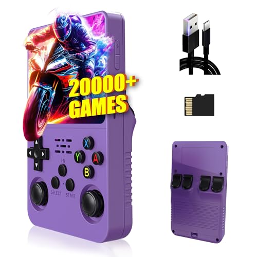 XIXIMENG R36S Retro Handheld Spielekonsole,unterstützt 21 Emulatoren,3500mAh Akku,Linux System,3.5 Zoll IPS Bildschirm,tragbarer Mini Emulator,Cortex-A35,Plug and Play (Violett-128G) von XIXIMENG