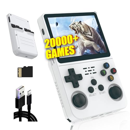 R36S Retro Handheld Spielkonsole 128G,Eingebaute 20000+ Spiele,21 Emulator,3500mAh,Linux System,3.5“ IPS Bildschirm Tragbarer Mini Konsole, Männer (Weiß) von XIXIMENG