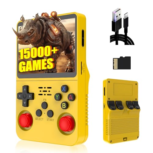 R36S Retro Handheld Spielkonsole 64G,Eingebaute 15000+ Spiele,21 Emulator,3500mAh,Linux System,3.5“ IPS Bildschirm Tragbarer Mini Konsole, Männer (Gelb) von XIXIMENG