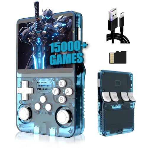 XIXIMENG R36S Retro Handheld Spielekonsole,unterstützt 21 Emulatoren,3500mAh Akku,Linux System,3.5 Zoll IPS Bildschirm,tragbarer Mini Emulator,Cortex-A35,Plug and Play (Transparent Hellblau-64G) von XIXIMENG