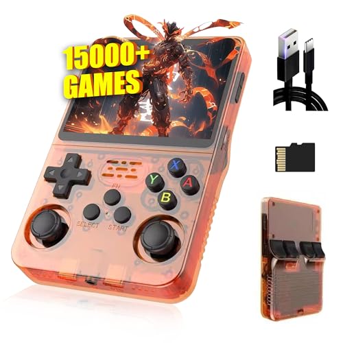 R36S Retro Handheld Spielkonsole 64G,Eingebaute 15000+ Spiele,21 Emulator,3500mAh,Linux System,3.5“ IPS Bildschirm Tragbarer Mini Konsole, Männer (Transparent Orange) von XIXIMENG