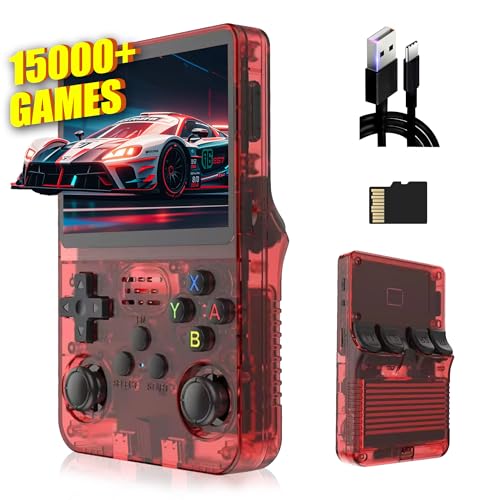 R36S Retro Handheld Spielkonsole 64G,Eingebaute 15000+ Spiele,21 Emulator,3500mAh,Linux System,3.5“ IPS Bildschirm Tragbarer Mini Konsole, Männer (Transparent Rot) von XIXIMENG