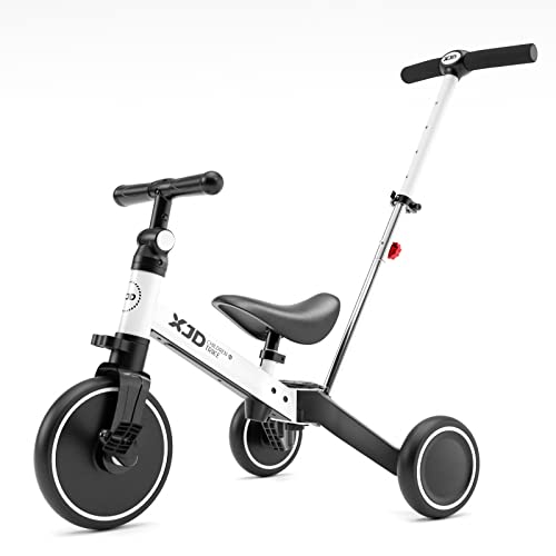 XJD 4 in 1 Kinder Dreirad Laufräder Laufrad mit Schubbügel für 10-36 Monate Alt Jungen Mädchen Lauffahrrad für Kinder Kinderdreirad mit Verstellbarer Sitz und abnehmbares Pedal Lauflernhilfe, Weiß von XJD