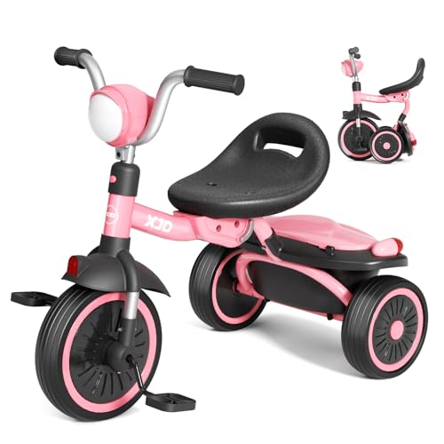 XJD Baby Dreirad, Klappbares Kinderdreirad mit Verstellbarer Sitz und Kleinkind Dreirad für 1-5 Jahren Mädchen und Jungen, Dreiräder für Kinder (Rosa) von XJD