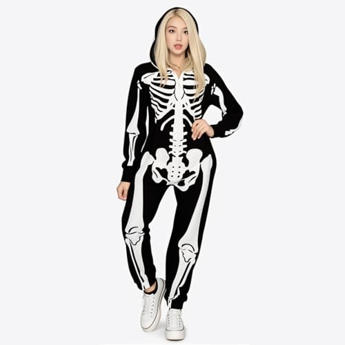 XJDABXD Skelett Kostüm Damen Onesie Erwachsene für Halloween Skelett Kostüm, Schwarz, XXL von XJDABXD