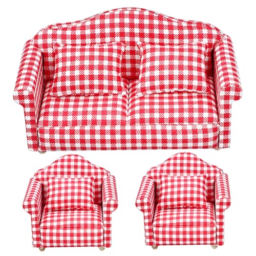 XJKLBYQ Dollhouse Couch mit Kissen, 3PCS Mini Dollhouse Sofa, 1 12 Skala Miniatursofa Armstuhl für Dollhouse Wohnzimmer Armstühle - roter Plaidstil von XJKLBYQ