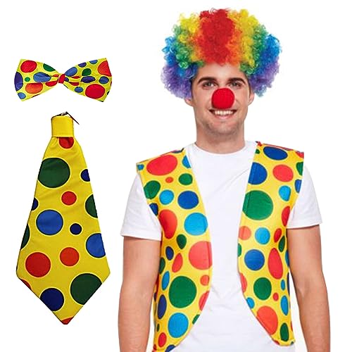 Halloween Clown Kostüm Set von 5 für Erwachsene Zirkuskostüm umfassen Red Clown Nase Ves Perücken Bogen und Krawatten -Clown -Accessoires Karnevalskostüme für Halloween -Cosplay -Kostüme, Clownkostüm von XJKLBYQ