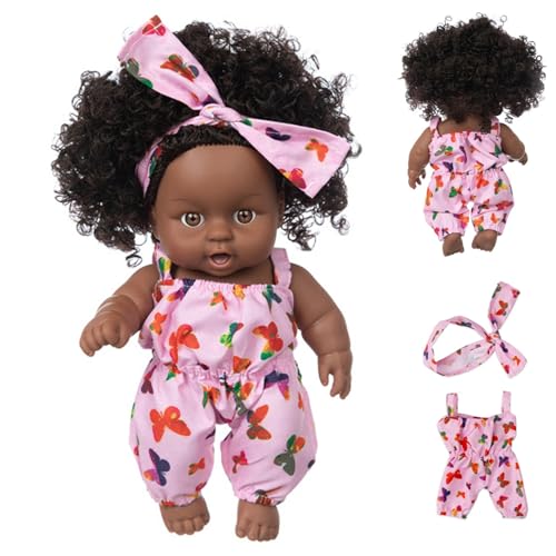 Puppen schwarze, schwarze Babypuppen, amerikanische afrikanische realistische Babypuppe mit Kleidung und Haarband, bewegliche Gelenk lockige Haare Waschbare dunkle Haut Babypuppe für Kindergeschenke, von XJKLBYQ