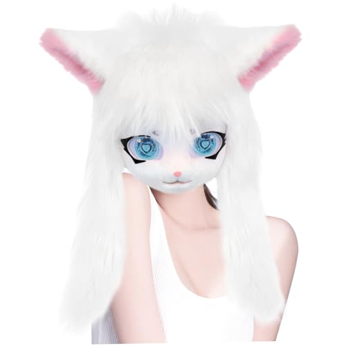 XJKLBYQ Animal Head Cat Maske, Pursuit Head, karikaturistische pelzige Maske mit Ohren und lange Haare, pelzig mit innerem Stirnband, Tiermaske für Cosplay, Halloween, Maskerade, Schwarz von XJKLBYQ