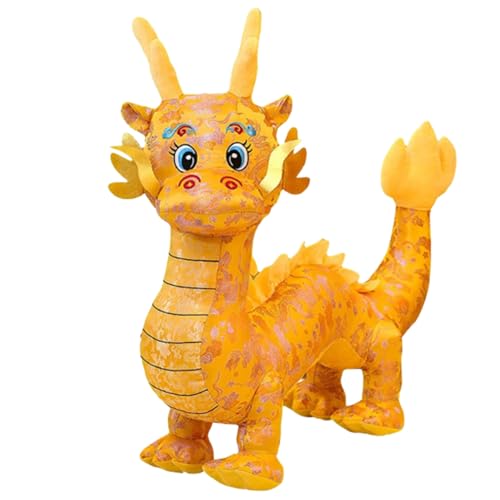 XJKLBYQ Chinesische Drache Plüschpuppe, Dragon Zodiac Stoffed Animal Toy, traditionelle gestickte PP -Baumwoll -Drache mit hängendes Seil, niedliche Festliche chinesische Neujahrsdekoration (Gelb) von XJKLBYQ