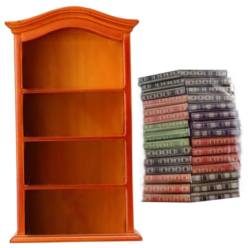 XJKLBYQ Dollhouse -Bücherregal mit 30 Büchern Holz Miniatur Bücherregal 4 Etagen Mini -Bücherregal für Dollhouse Möbelzubehör gelbe Miniatur Bücherregal von XJKLBYQ