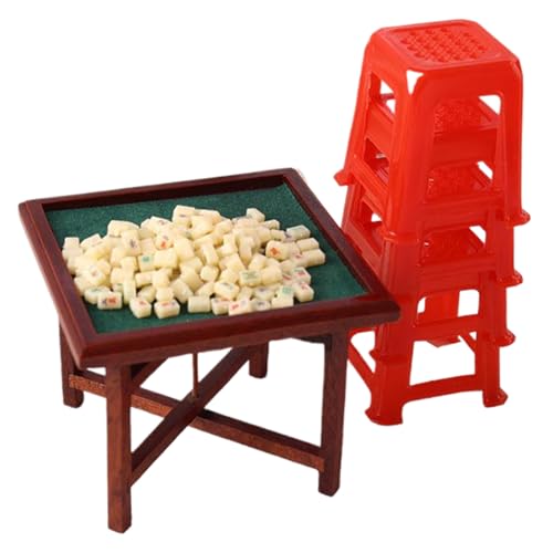 XJKLBYQ Dollhouse Mahjong Set1/12 Skala Chinese Mahjong Stone Game Set mit Tisch & Stühlen, realistische Plastikminiaturpuppenhauszubehör von XJKLBYQ