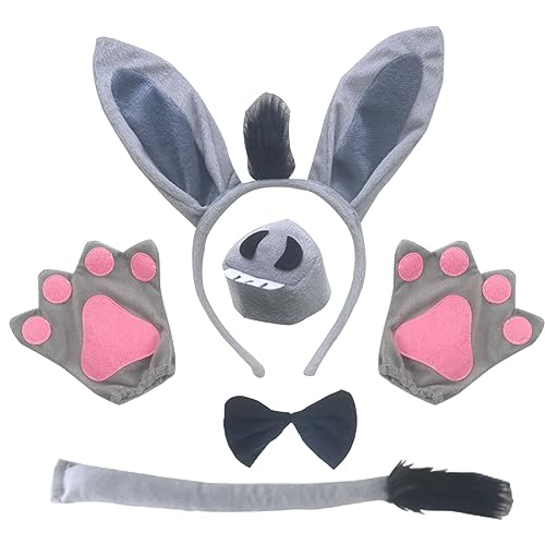 XJKLBYQ Eselkostüm Set, 5pcs Animal Cosplay Eselkostüm Erwachsene, Esel Ohren Stirnband Schwanz Nase Bowtie und Handschuhe von XJKLBYQ