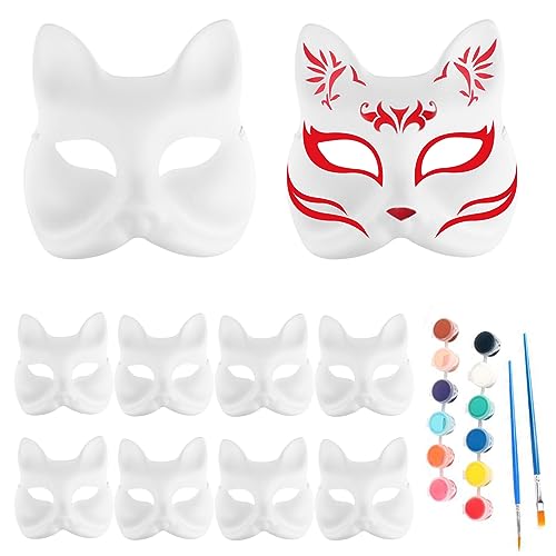 XJKLBYQ Fox Maske, 10pcs DIY-Katzenmaske, Cosplay leere Halloween-Gesichtsmaske mit 12 Farbenpigmenten und 2 Pinsel, handbemalte weiße Papiermasken für Halloween-Party-Cosplay von XJKLBYQ