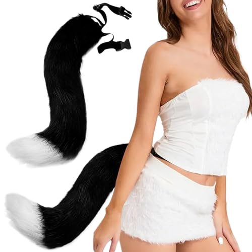 XJKLBYQ Fox Tail künstlich 20-Zoll Pelry Tail Realistischer Kunstpelzschwanz mit verstellbarem Taillengürtel eingebauter Rahmen Dekoratives Therian Schwanz für Cosplay Halloween, Black + White von XJKLBYQ