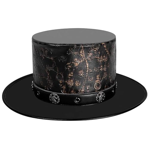 XJKLBYQ Gothic Steampunk Top Hats, PU Leder Flat Top Hut, Halloween Hut für Männer Kleid Kostüme Requisiten Cosplay Party von XJKLBYQ