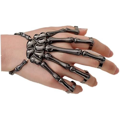 XJKLBYQ Gotisches Schädelarmband mit Fingerringen, Schädel Fingern Metall Skelett Slave Armband, Gothic Mode Frauen Handketten Knochengelenkarmband für Festival -Cosplay -Kostüm von XJKLBYQ