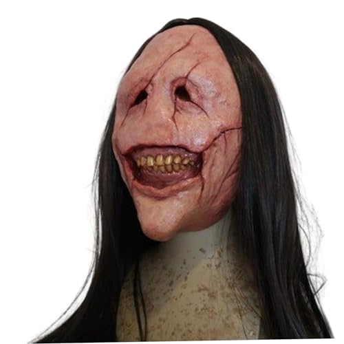 XJKLBYQ Halloween -Maske, gruselige Halloween -Maske, gruseliges Grinsen lächelnd rote Narbengesicht Dämonenmaske mit schwarzen Langen Haar von XJKLBYQ