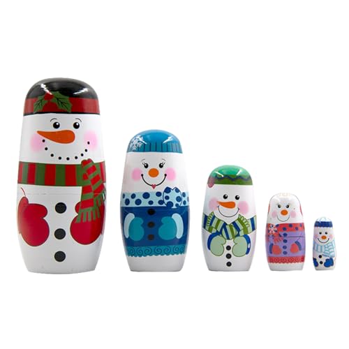 XJKLBYQ Hölzerne russische Nistpuppen, 5pcs Santa Claus Matryoshka -Puppen, süße Weihnachts -Schneemann -Stapelpuppe für Weihnachtsferiendekoration von XJKLBYQ