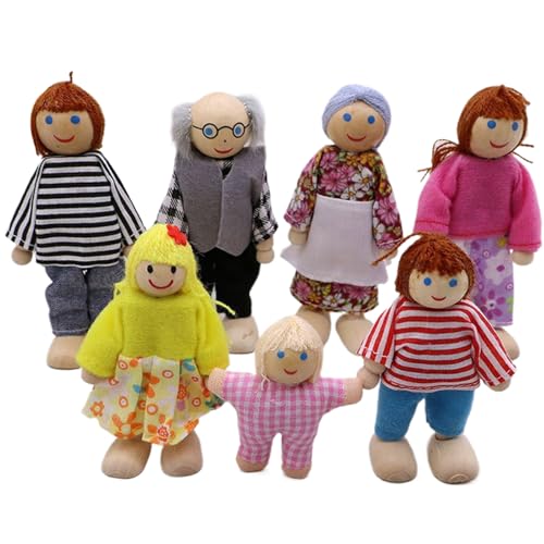 XJKLBYQ Holzpuppenhaus Menschen von 7 Miniaturfiguren | Doll House Familie 7pcs/Set Holz gekleidet Dollhouse Menschen mit beweglichen gemeinsamen interaktiven Eltern-Kind-Puppenhaus-Familienfiguren von XJKLBYQ