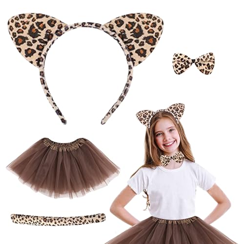 XJKLBYQ Katzenkostüm für Kinder Girls 4PCS/Set Leopard Kostüm Süßes Tierkostüm Kinder Halloween Kostüme Kostüme für Carnival Cosplay Party Accessoires, Katzenkostüm für Mädchen von XJKLBYQ