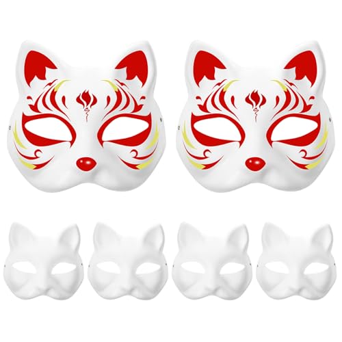 XJKLBYQ Katzenmaske 6PCS DIY Lackierbar Blindfuchsmaske mit Gummiband, Weißpapier Therian Maske Masquerade für Erwachsene Kinder Craft Cosplay Halloween von XJKLBYQ