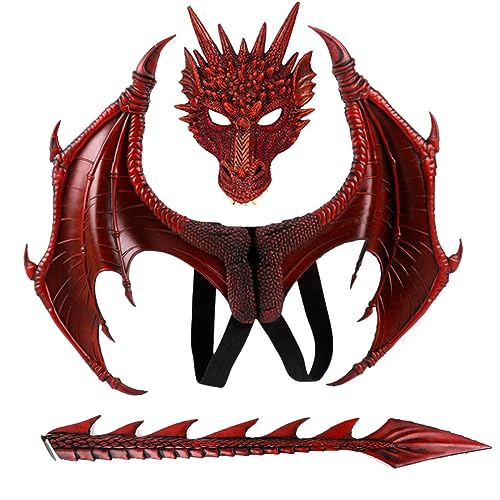 XJKLBYQ Kinder Halloween Dragon Set, 3pcs Gesichtsabdeckungen Flügel Schwanz Cosplay Kostüm Foto Requisiten - rot von XJKLBYQ