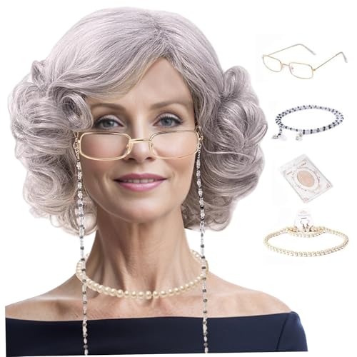 XJKLBYQ Oma Kostüm -Set, 4PCS Old Lady Perücken -Set enthält eine lockige Oma Grey Perücke, Perlenkette, Brille mit Kette und Kappe für 100. Schuldauer Cosplay von XJKLBYQ