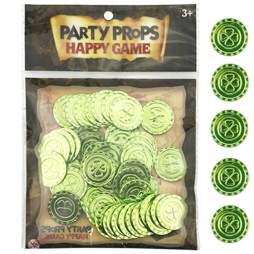 XJKLBYQ St. Patrick's Day 100pcs/Bag 4-Blattklee Lucky Coin Rund Plastikmünze 1,2 Zoll plattiert dekoratives St. Patricks Day Accessoires für Party, grüne, Plastikmünze von XJKLBYQ
