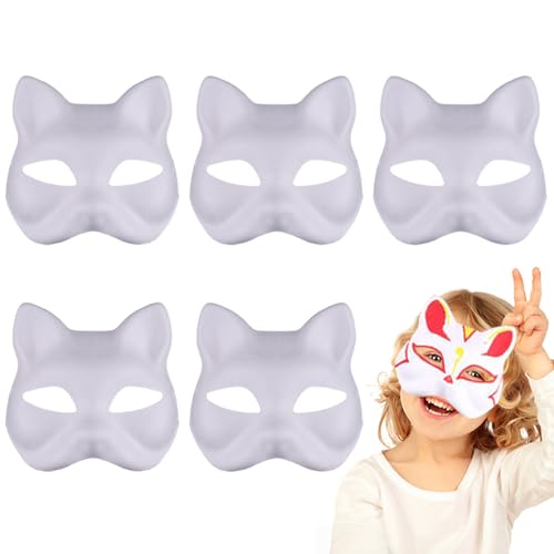 XJKLBYQ Therian Maske, Katzenmaske, 5pcs Therian Masken weiße Katzenmasken Blank DIY Halloween Maske Tier Halb Facemass Maskerade Cosplay Party von XJKLBYQ