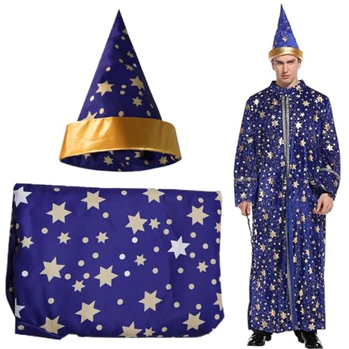 Zauberer Kostüm Langarmes Blue Wizard Robe und Hut Polyester Sternmuster Zauberer Umhang Erwachsene Zauberer Robe für Halloween -Party, Cosplay (XL) Blue Wizard Robe von XJKLBYQ