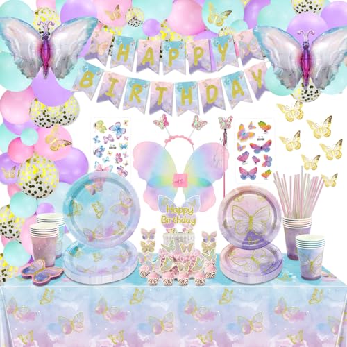196 Pcs Schmetterling Party Dekorationen - Teller, Tischdecke, Luftballons, Banner, Schmetterling Aufkleber, Tassen, Schmetterling Flügel Set für Fee, Schmetterling Geburtstag Party Supplies 196 Pcs Schmetterling Party Dekorationen - Teller, Tischdecke, Luftballons, Banner, Schmetterling Aufkleber, Tassen, Schmetterling Flügel Set für Fee, Schmetterling Geburtstag Party Supplies von XJLANTTE
