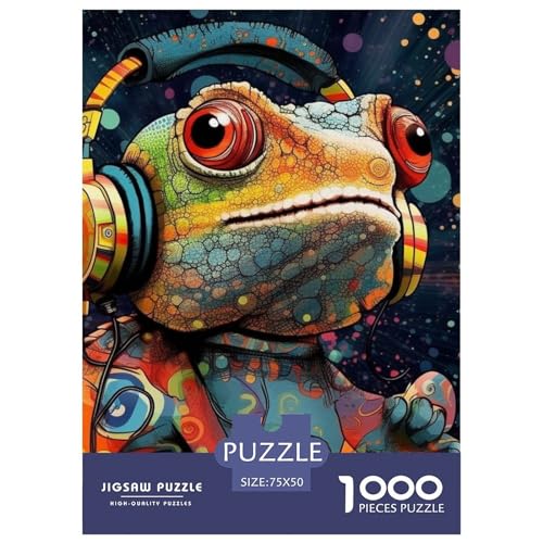 1000-teiliges Eidechsen-Kopfhörer-Puzzle für Erwachsene, schwieriges Holzpuzzle, Puzzle für Erwachsene, Lernspiel, Herausforderungsspielzeug, 1000-teilig (75 x 50 cm) von XJmoney