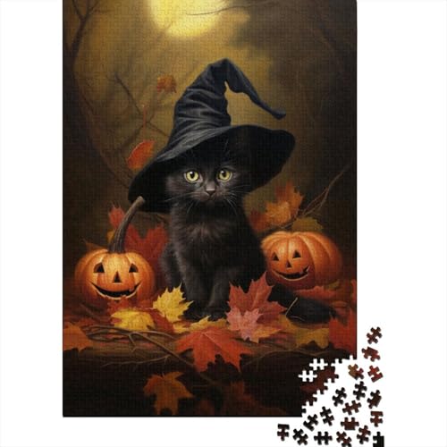 1000-teiliges Puzzle „Halloween-Puzzle mit schwarzer Katze“ für Erwachsene, Holzbrett-Puzzle, Lernspiele, Heimdekoration, Puzzle 1000 Teile (75 x 50 cm) von XJmoney