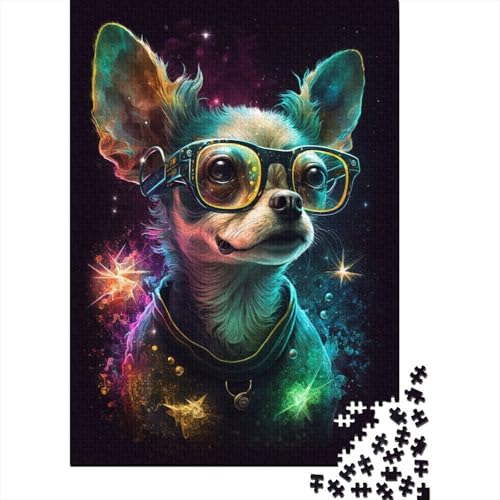 1000-teiliges Puzzle „Kosmischer Chihuahua mit Brille“, kreatives quadratisches Puzzle für Teenager, Holzpuzzle, Spielzeug, Denkspiel, 1000 Teile (75 x 50 cm) von XJmoney