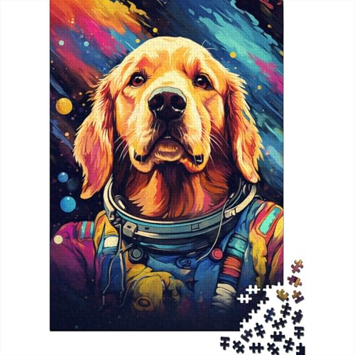 300-teiliges Puzzle für Erwachsene, künstlerisches Astronauten-Golden Retriever-Puzzle, Holzbrettpuzzle für Kinder, dekomprimierendes geistiges Lernspielzeug, 300 Teile (40 x 28 cm) von XJmoney