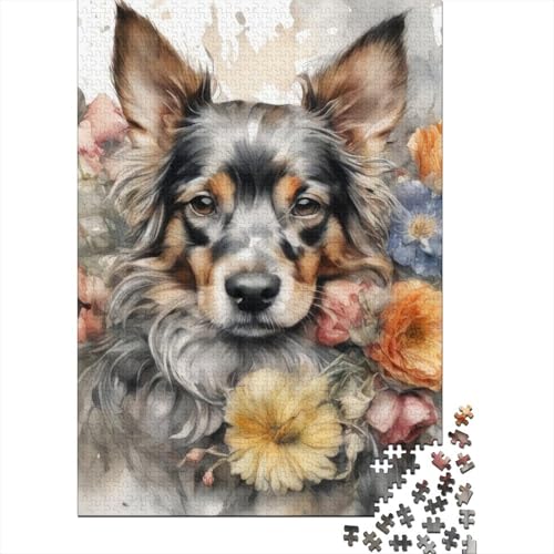 Puzzle 1000 Teile Aquarellmalerei Blumenhund Puzzle Holzpuzzle für Erwachsene und ab 18 Jahren Denkspiel 1000 Teile (75x50cm) von XJmoney