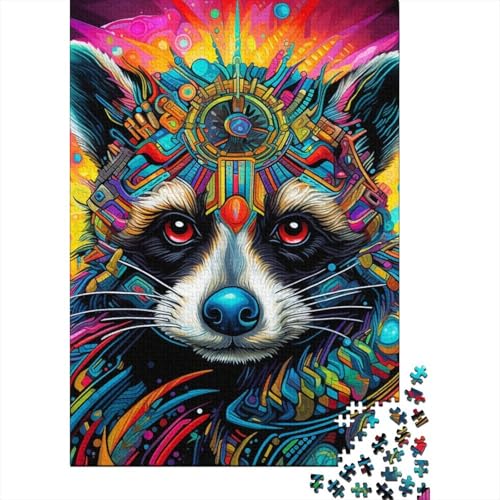 Puzzle 1000 Teile für Erwachsene, Psychedelisches Tier-Waschbär-Puzzle, rechteckiges Holzpuzzle, kreatives Geschenk für Freunde und Familie, 1000 Teile (75 x 50 cm) von XJmoney