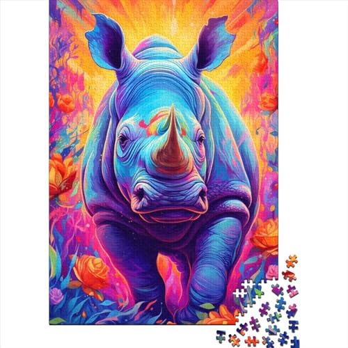 Puzzle Neon-Nashorn, Puzzle für Erwachsene, Holzbrett-Puzzle, anspruchsvolles Spiel, 1000 Teile (75 x 50 cm) von XJmoney