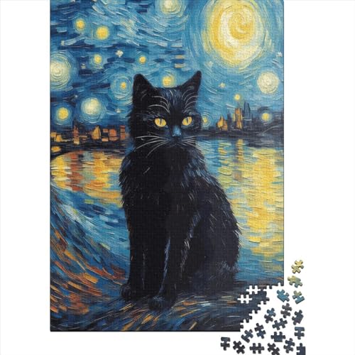 Rechteckiges Papierpuzzle Cat Night Starry herausforderndes Puzzle und Puzzlespiel für Kinder Erwachsene Ostergeschenk 38 x 26 cm / 1000 Teile von XJmoney