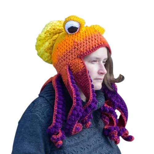 XKCL Strickmütze Wintermütze Octopus Tintenfisch Mütze Oktopus Kostüm Hut (Gelb/Lila) von XKCL