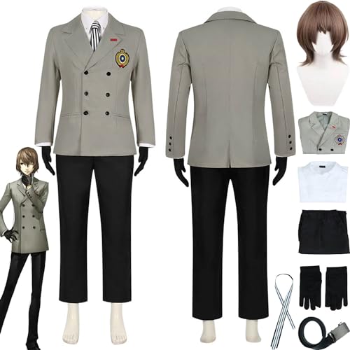 Persona5 Akechi Goro Cosplay-Kostüm, Outfit, Spielcharakter, Amamiya Ren, Uniform, Mantel, Hemd, Hose, komplettes Set, Halloween, Karneval, Party, Anziehanzug mit Perücke für Männer und Jungen von XLJLKJDS