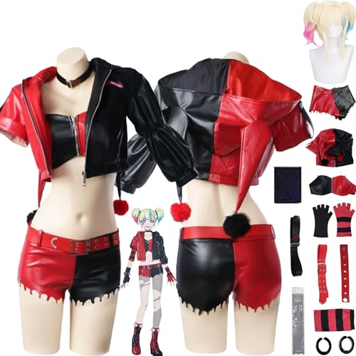 XLJLKJDS Anime Charakter H'arley Q'uinn Cosplay Kostüm Outfit Joker Mädchen Rolle Paly Uniform Komplettes Set Halloween Karneval Party Dress Up Anzug mit Perücke Ohrringe für Frauen Mädchen von XLJLKJDS