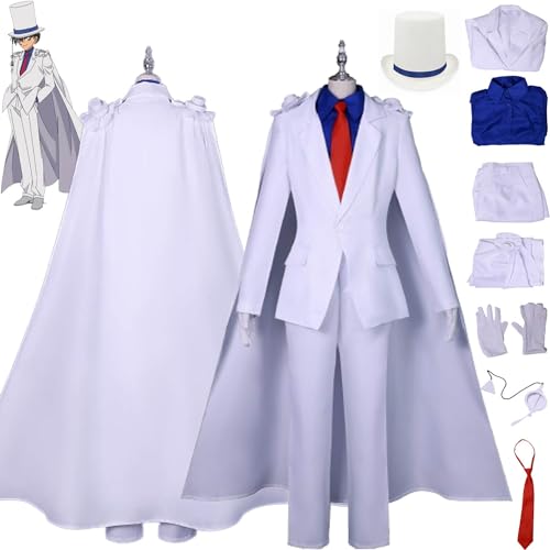 XLJLKJDS Anime Charakter Kaito Kiddo Cosplay Kostüm Outfit Conan Edogawa Uniform Weißer Umhang Komplettset Halloween Karneval Party Dress Up Anzug mit Hut Brille für Männer Jungen von XLJLKJDS