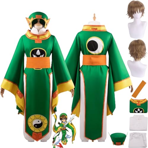 XLJLKJDS Anime Charakter Li Syaoran Cosplay Kostüm Outfit Rolle Paly Uniform Grüne Robe Komplettes Set Halloween Party Karneval Dress Up Anzug mit Perücke Hut für Männer Jungen von XLJLKJDS