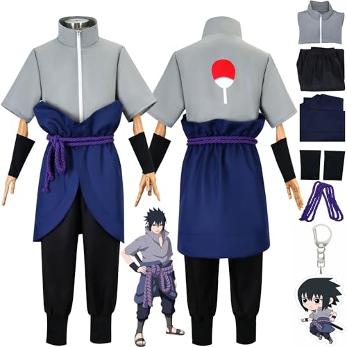 XLJLKJDS Anime Charakter Uchiha Sasuke Cosplay Kostüm Outfit Uchiha Obito Rollenspiel Graue Uniform Komplettes Set Halloween Karneval Party Anziehanzug mit Schlüsselanhänger für Männer Jungen von XLJLKJDS