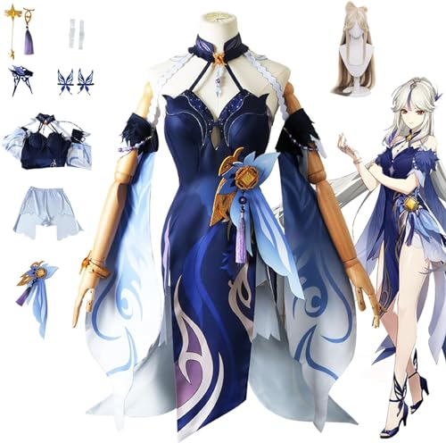 XLJLKJDS Anime Genshin Impact Cosplay Kostüm, Charakter Keqing Kostüm Uniform mit Perücke, Genshin Impact Keqing Blaues Halloween Umhang Kleid Kimono Umhang für Mädchen von XLJLKJDS